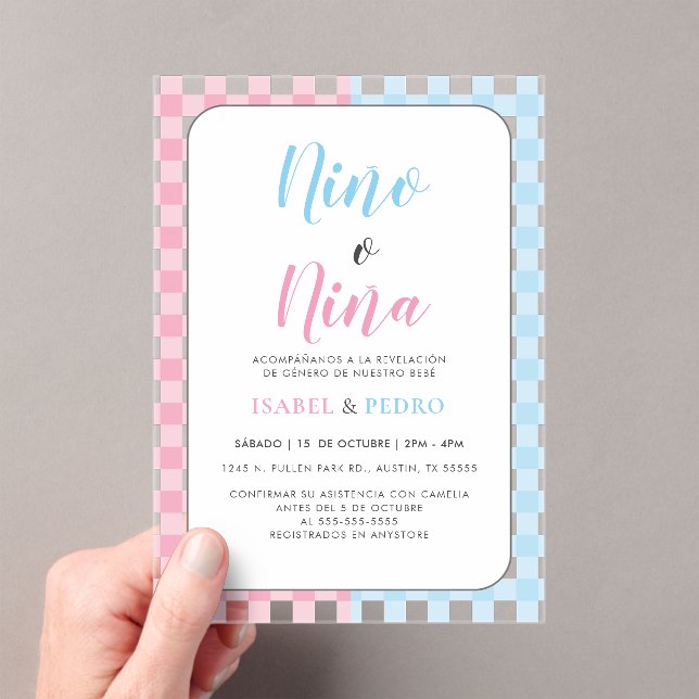 Invitations En Acrylique en vichy Classic Nino o Nina Spanish Gender Revela (In situ (ordinateur de poche))