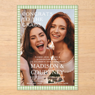 Invitations En Acrylique En vichy Vert moderne Photo Graduation Party