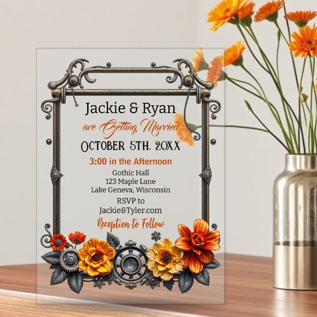 Invitations En Acrylique Engrenages à vapeur et fleurs Mariage à thème (Créateur téléchargé)