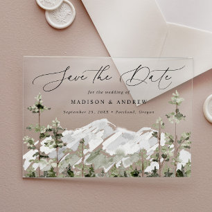 Invitations En Acrylique Enregistrez la date de la forêt de montagne rustiq