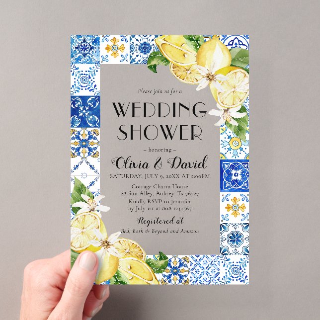 Invitations En Acrylique Été Positano Carreaux Bleus Citron Wedding shower (In situ (ordinateur de poche))