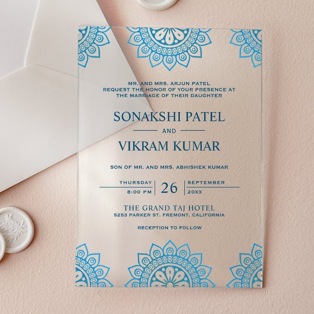 Invitations En Acrylique Ethnic Blue Mandala Indian Wedding (Créateur téléchargé)
