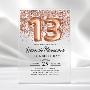 Invitations En Acrylique Étincelle 13e anniversaire Rose Gold Balloons Part