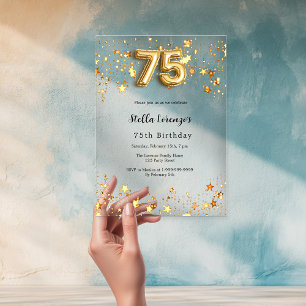 Invitations En Acrylique étoiles dorées 75e anniversaire transparentes