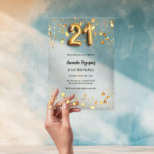 Invitations En Acrylique étoiles dorées anniversaire 21 ans transparent