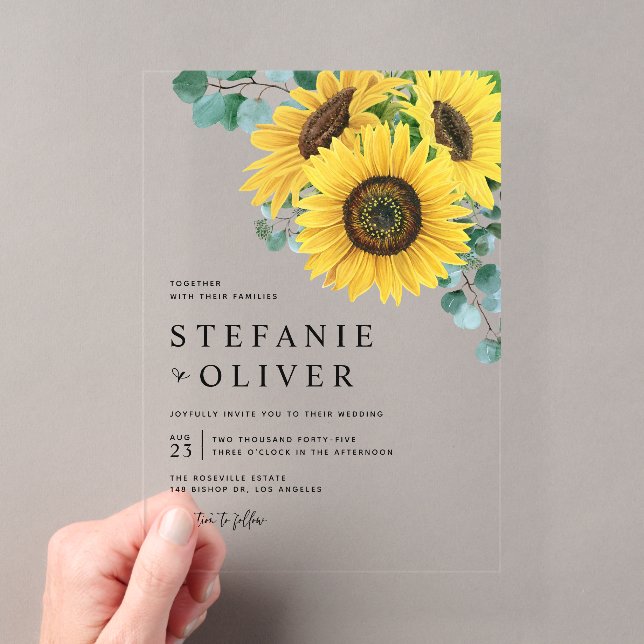 Invitations En Acrylique Eucalyptus aquarelle et Mariage de tournesols (In situ (ordinateur de poche))