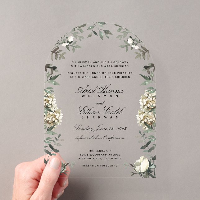 Invitations En Acrylique Eucalyptus Ferns Fleurs blanches Emplacements Surn (In situ (ordinateur de poche))