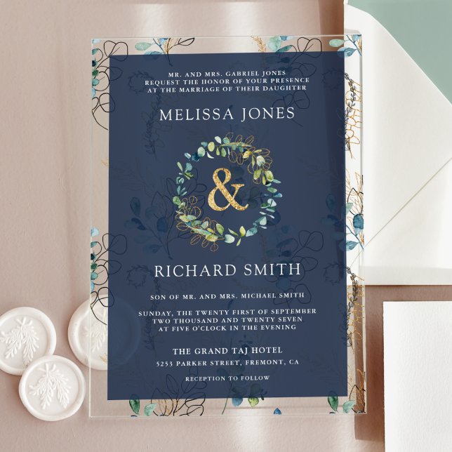 Invitations En Acrylique Eucalyptus Gold Ampersand Navy Blue Wedding (Créateur téléchargé)