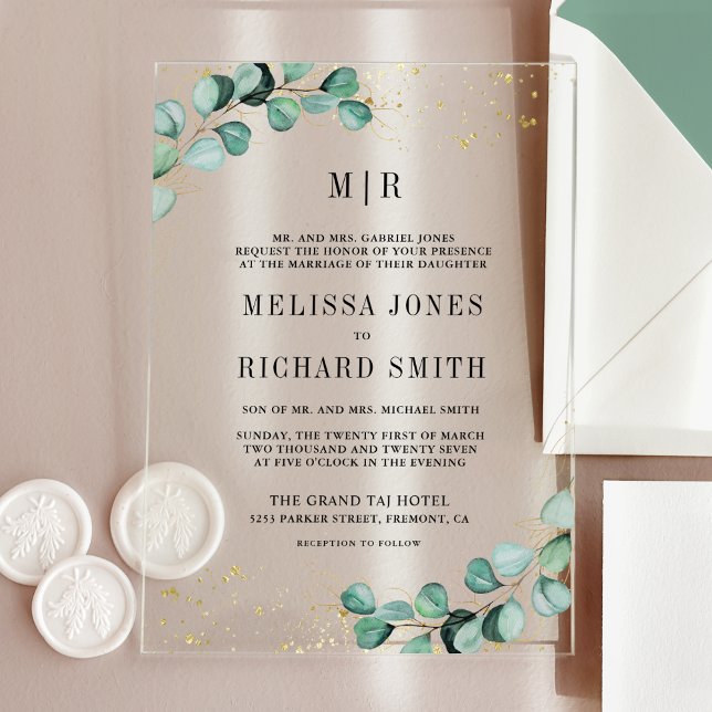 Invitations En Acrylique Eucalyptus Gold Formal Monogram Wedding (Créateur téléchargé)