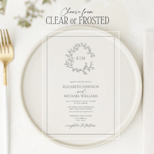 Invitations En Acrylique Eucalyptus Green Leafer Crest Monogram Mariage (Créateur téléchargé)