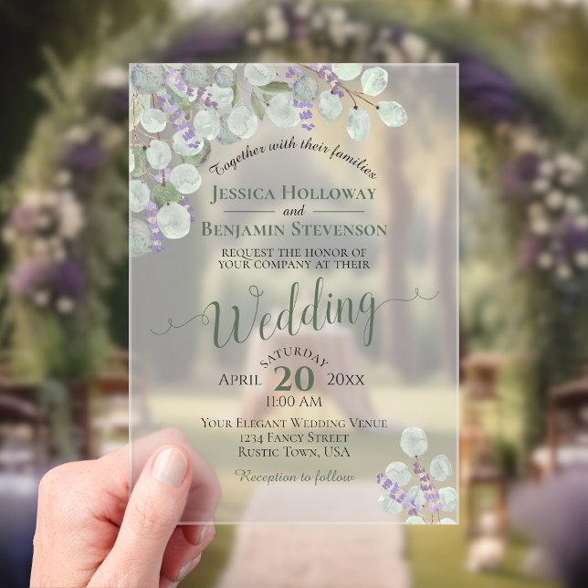 Invitations En Acrylique Eucalyptus & Lavender Elegant Mariage de calligrap (Frosted Acrylic with Rectangle Cut)