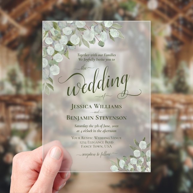 Invitations En Acrylique Eucalyptus rustique et Mariage chic Boho vert (Frosted Acrylic with Rectangle Cut)