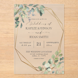 Invitations En Acrylique Eucalyptus rustique & Mariage de trame or