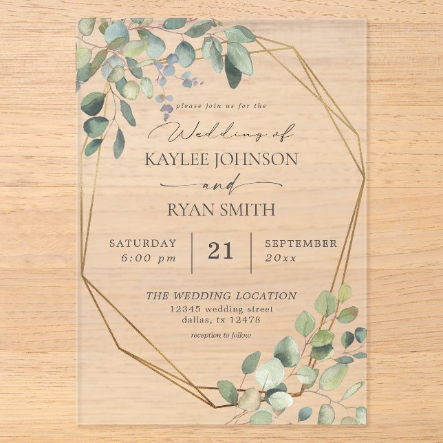 Invitations En Acrylique Eucalyptus rustique & Mariage de trame or (Recto)
