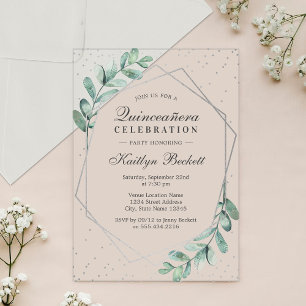 Invitations En Acrylique Eucalyptus Silver Geometry Quinceañera Anniversair