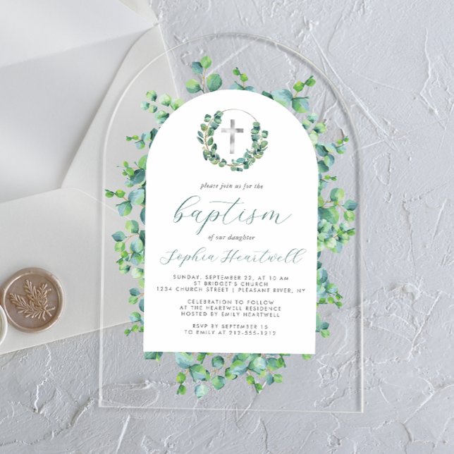 Invitations En Acrylique Eucalyptus Wreath Silver Cross Arch Baptism (Créateur téléchargé)