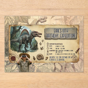 Invitations En Acrylique Expédition Dino Spinosaurus pour les 10 ans