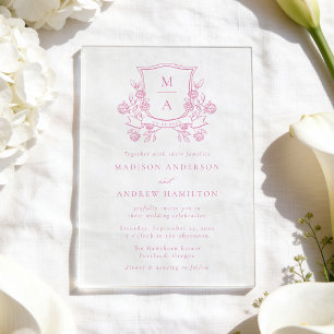 Invitations En Acrylique Faire initiale de blason floral rose pour mariage 
