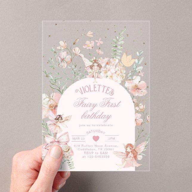 Invitations En Acrylique Fairy First Birthday Enchanted garden Whimsical (In situ (ordinateur de poche))