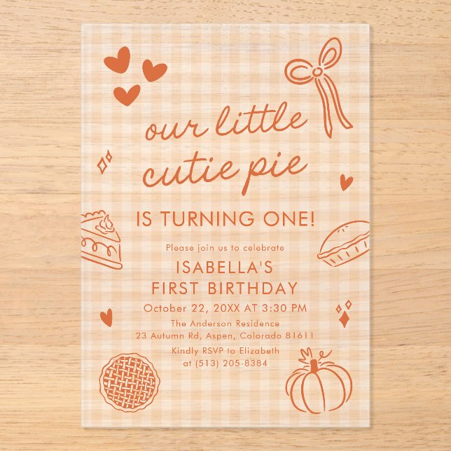 Invitations En Acrylique Fall Cute Hand Drawn Our Little Cutie Pie Birthday (Recto)