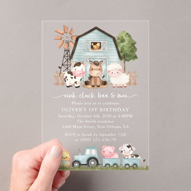 Invitations En Acrylique Farm Animals, Cute Animals, Barn, First Birthday (In situ (ordinateur de poche))