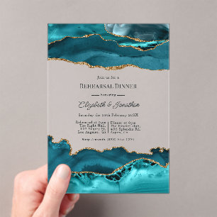 Invitations En Acrylique Faux Paillettes Turquoise Or Agate Dîner de Répéti