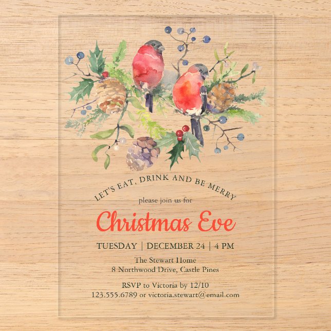 Invitations En Acrylique Festif Noël Eve Aquarelle Bullfinch Floral (Recto)