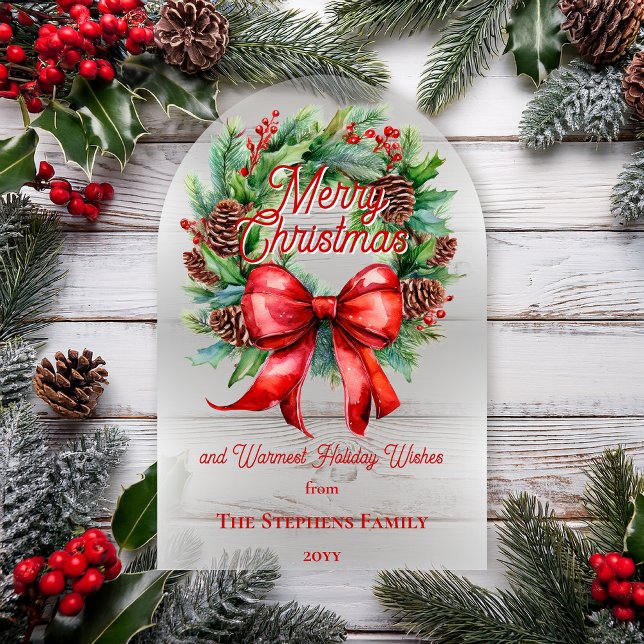 Invitations En Acrylique Festive Holiday Wreath Merry Christmas Non-Photo (Festive Holiday Wreath "Merry Christmas" Non-Photo Acrylic Greeting Card)