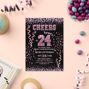 Invitations En Acrylique Fête d'anniversaire 24 ans Strass Rose Pailletés