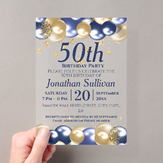 Invitations En Acrylique Fête d'anniversaire 50 ans ballons or marine