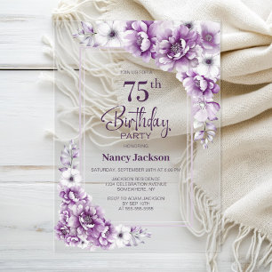 Invitations En Acrylique Fête d'anniversaire 75 ans Floral Rose Moderne