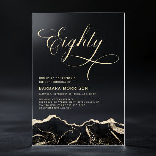 Invitations En Acrylique Fête d'anniversaire 80 ans Black Gold Agate