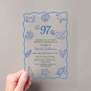 Invitations En Acrylique Fête d'anniversaire 97 ans La Vie Marine Dessinée
