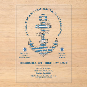Invitations En Acrylique Fête d'anniversaire à rayures nautiques et ancre