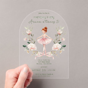 Invitations En Acrylique Fête d'anniversaire Ballerine aquarelle et nœud ro