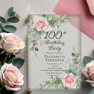 Invitations En Acrylique Fête d'anniversaire de 100 ans Elegant Blush Rose 