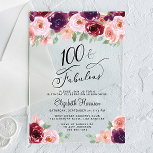 Invitations En Acrylique Fête d'anniversaire de 100 ans Elegant Watercolor