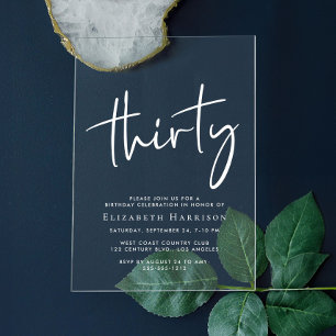 Invitations En Acrylique Fête d'anniversaire de 30 ans Chic White Script