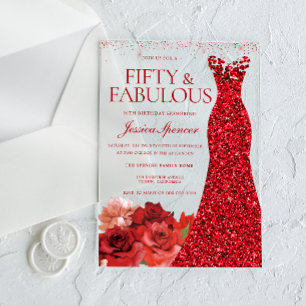 Invitations En Acrylique Fête d'anniversaire de 50 ans Red Floral Fifty & F