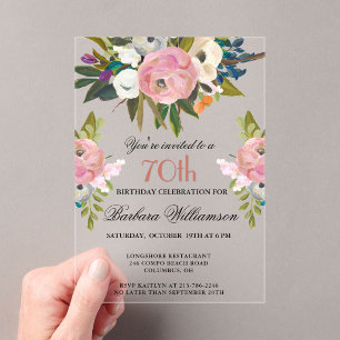 Invitations En Acrylique Fête d'anniversaire de 70 ans élégante avec fleurs