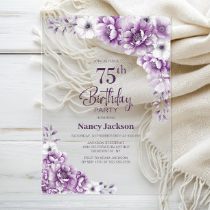 Invitations En Acrylique Fête d'anniversaire de 75 ans aux fleurs roses élé
