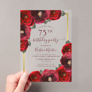 Invitations En Acrylique Fête d'anniversaire de 75 ans Elegant Red Rose Flo