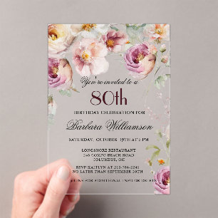 Invitations En Acrylique Fête d'anniversaire de 80 ans aux fleurs sauvages