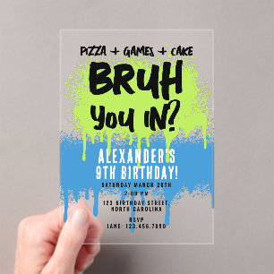 Invitations En Acrylique Fête d'anniversaire de Bruh Boy Neon Graffiti Vert