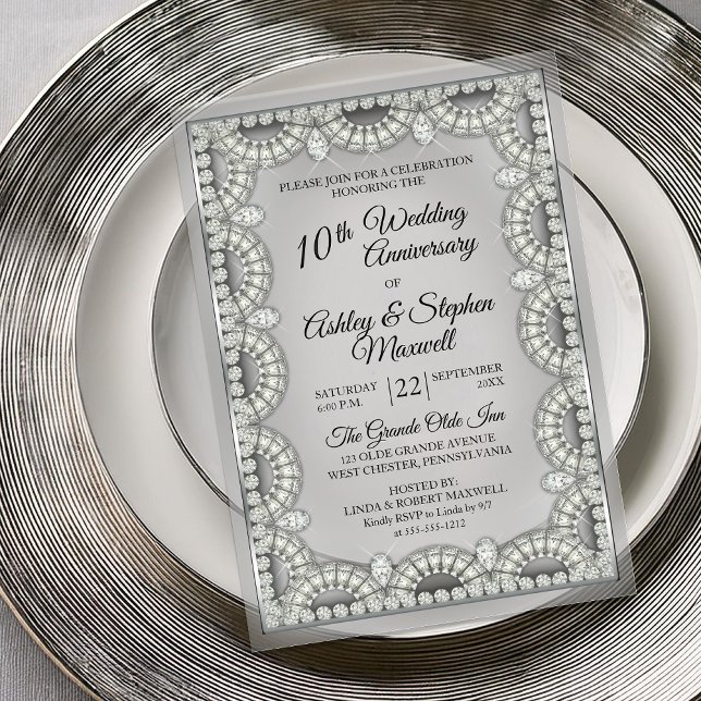 Invitations En Acrylique Fête d'anniversaire de mariage de 10 ans Argent et (Elegant Silver-Tone and Diamond 10th Wedding Anniversary Party Acrylic Invitations)