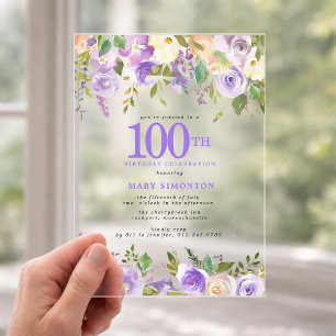 Invitations En Acrylique Fête d'anniversaire des 100 ans CLEAR ACRYLIC Fleu