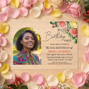 Invitations En Acrylique Fête d'anniversaire élégante florale avec photo 35