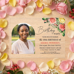 Invitations En Acrylique Fête d'anniversaire élégante florale avec photo 39