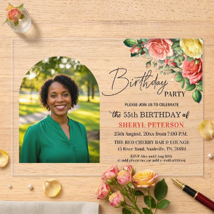 Invitations En Acrylique Fête d'anniversaire élégante florale avec photo 55