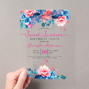 Invitations En Acrylique Fête d'anniversaire Girly Blue Pink Floral Sweet 1